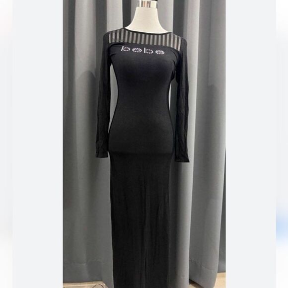New Bebe Black Maxi Dress with Swarovski Crystals, Sheer Stripes & Side Slit - Picture 1 of 16
